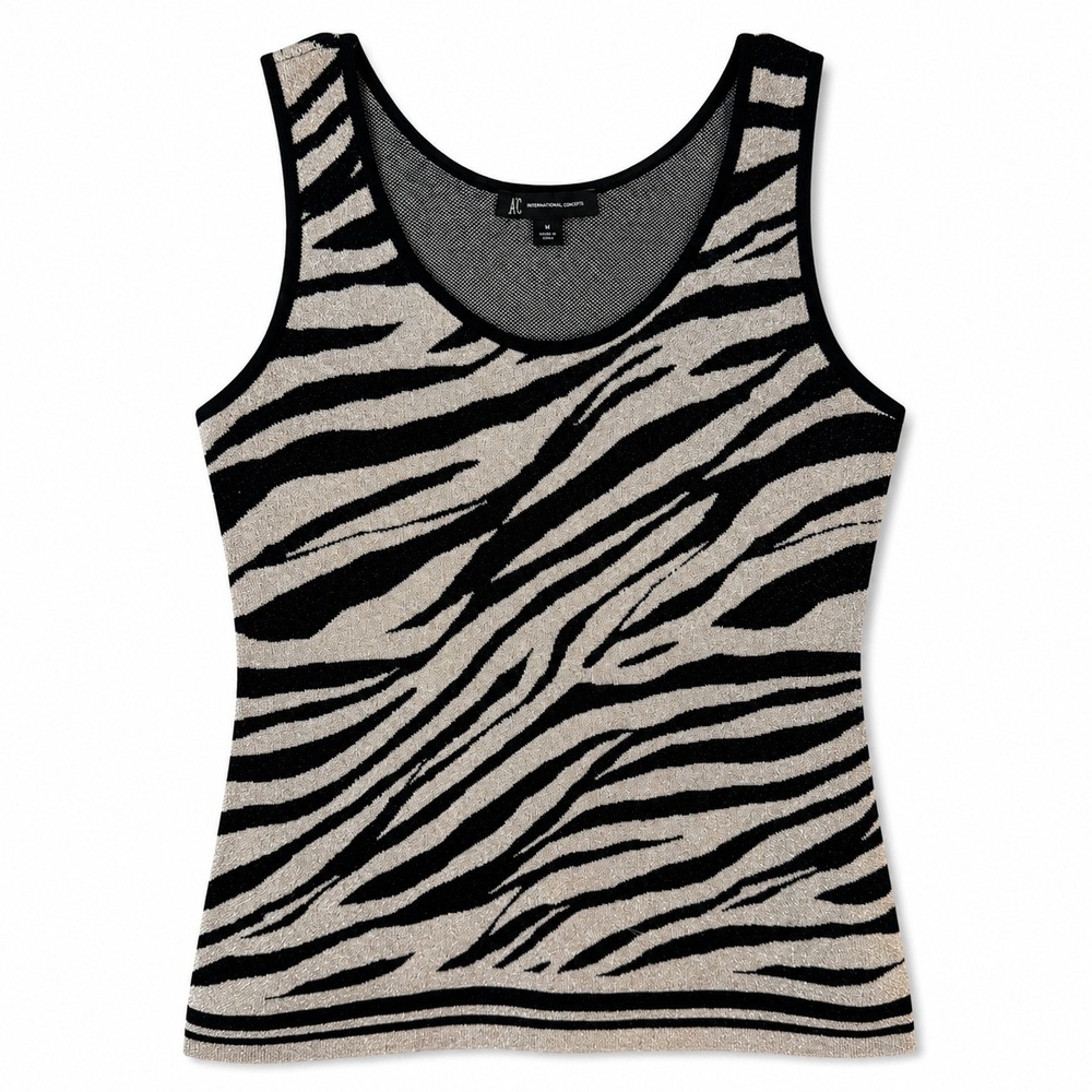 Vtg Y2K INC Zebra‎ Animal Print Metal Lurex Knit Tank Party Top Silver M safari
